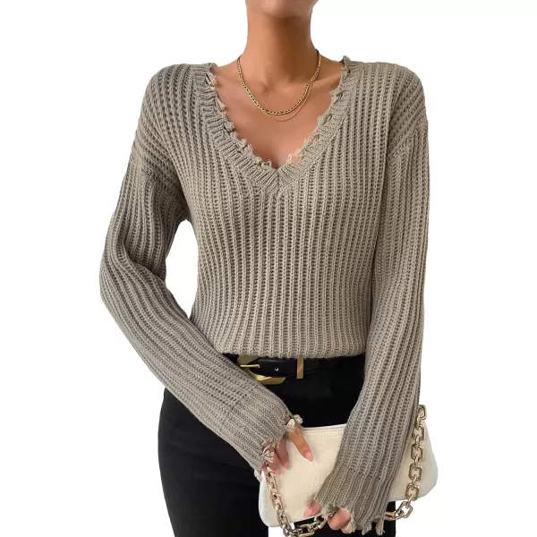 WDIRARA Women's Two Tone V Neck Ripped Sweater Long Sleeve Colorblock Knit Tops