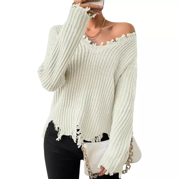 WDIRARA Women's Two Tone V Neck Ripped Sweater Long Sleeve Colorblock Knit Tops