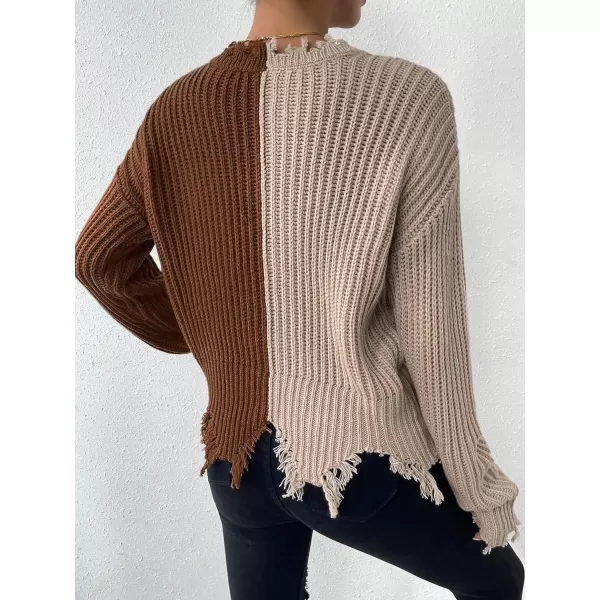 WDIRARA Women's Two Tone V Neck Ripped Sweater Long Sleeve Colorblock Knit Tops