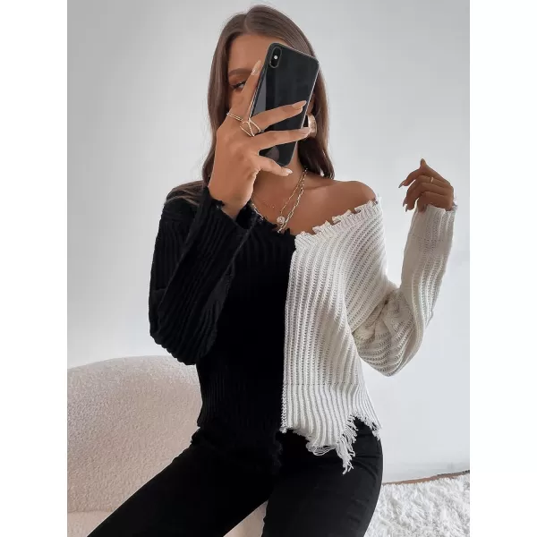 WDIRARA Women's Two Tone V Neck Ripped Sweater Long Sleeve Colorblock Knit Tops