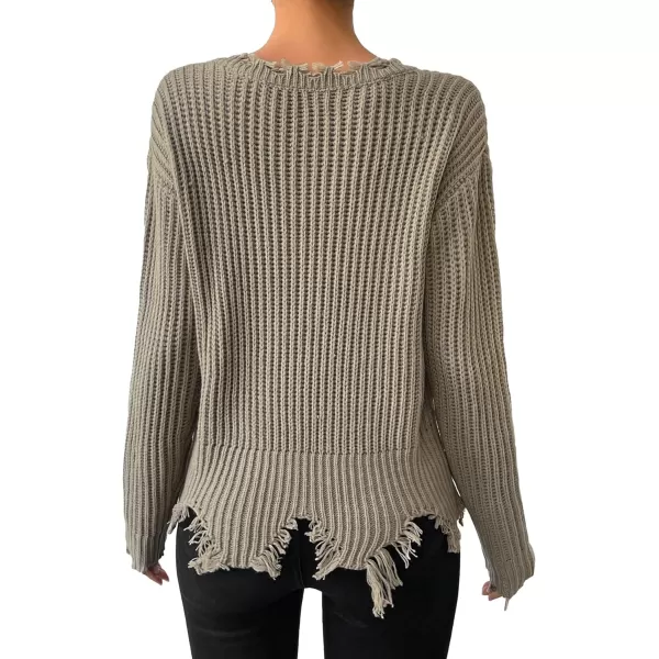 WDIRARA Women's Two Tone V Neck Ripped Sweater Long Sleeve Colorblock Knit Tops