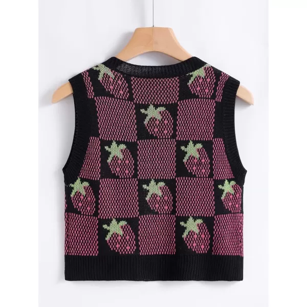 WDIRARA Women's V Neck Gingham Strawberry Pattern Sweater Vest
