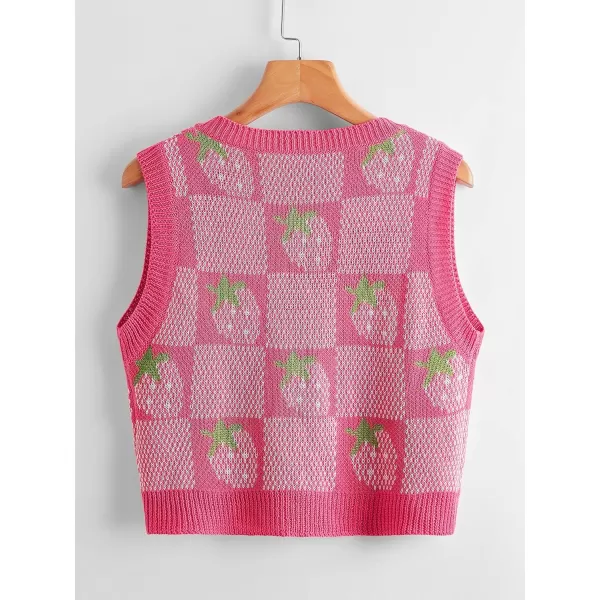WDIRARA Women's V Neck Gingham Strawberry Pattern Sweater Vest
