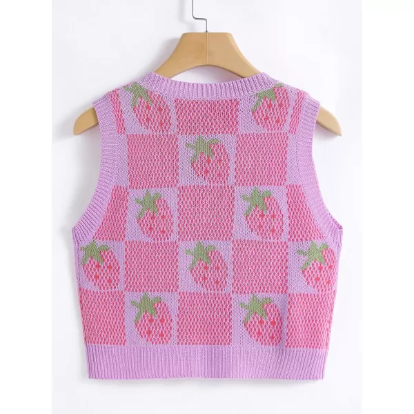 WDIRARA Women's V Neck Gingham Strawberry Pattern Sweater Vest