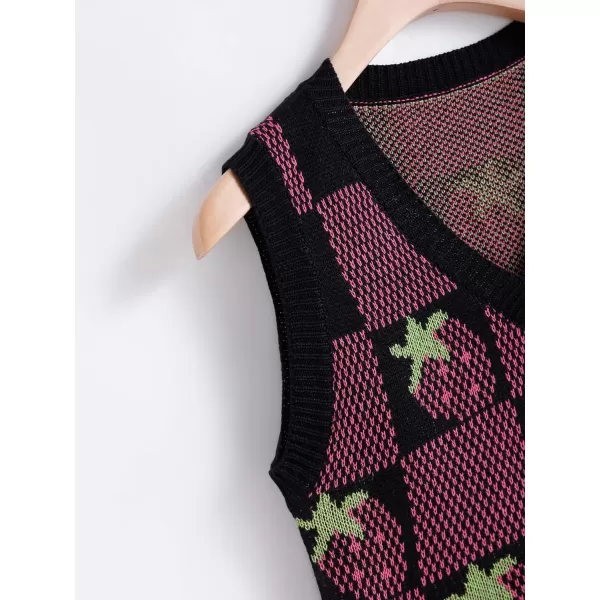 WDIRARA Women's V Neck Gingham Strawberry Pattern Sweater Vest