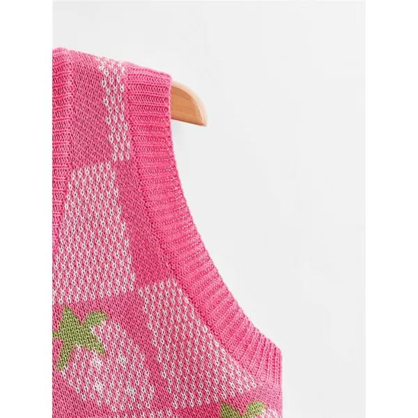 WDIRARA Women's V Neck Gingham Strawberry Pattern Sweater Vest