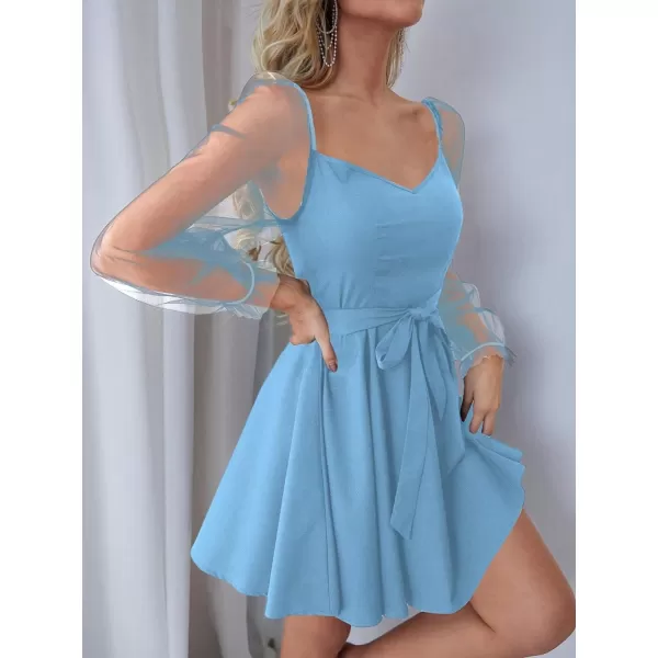WDIRARA Women's V Neck Mesh Bishop Long Sleeve Ruffle Hem Belted Dress