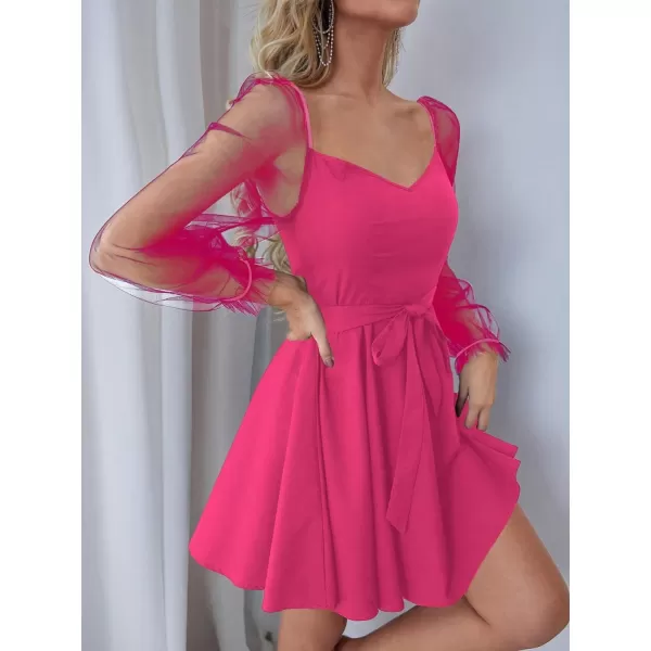 WDIRARA Women's V Neck Mesh Bishop Long Sleeve Ruffle Hem Belted Dress