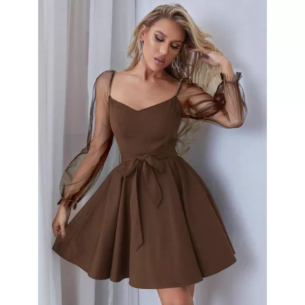 WDIRARA Women's V Neck Mesh Bishop Long Sleeve Ruffle Hem Belted Dress