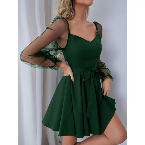 WDIRARA Women's V Neck Mesh Bishop Long Sleeve Ruffle Hem Belted Dress