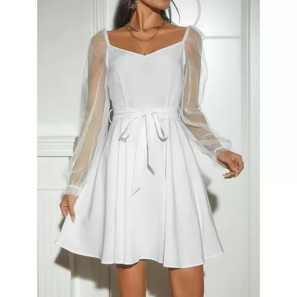 WDIRARA Women's V Neck Mesh Bishop Long Sleeve Ruffle Hem Belted Dress