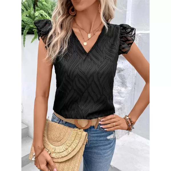 WDIRARA Women's V Neck Ruffle Cap Sleeve Blouse Casual Tops Summer Shirt