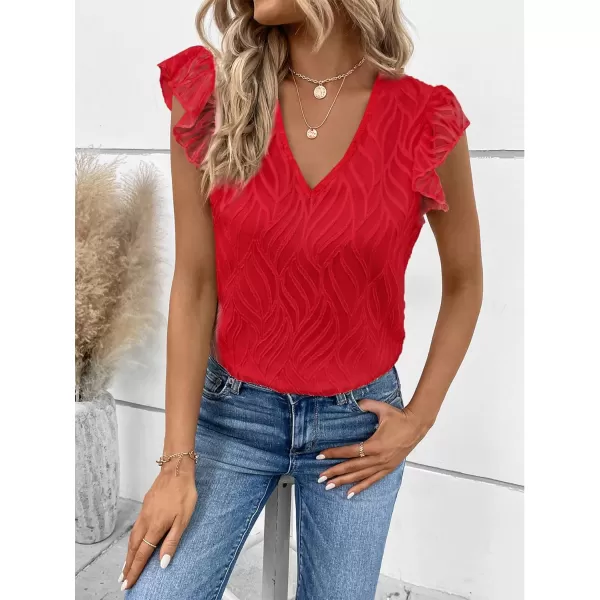 WDIRARA Women's V Neck Ruffle Cap Sleeve Blouse Casual Tops Summer Shirt