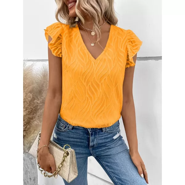 WDIRARA Women's V Neck Ruffle Cap Sleeve Blouse Casual Tops Summer Shirt