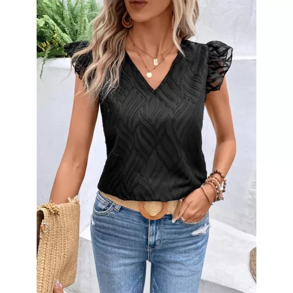 WDIRARA Women's V Neck Ruffle Cap Sleeve Blouse Casual Tops Summer Shirt