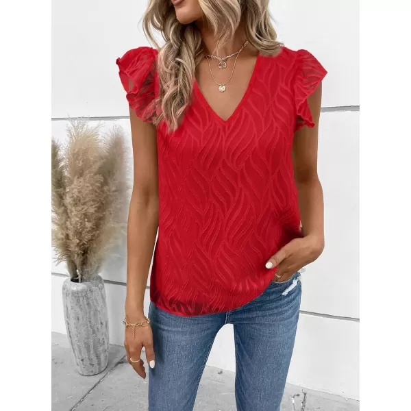 WDIRARA Women's V Neck Ruffle Cap Sleeve Blouse Casual Tops Summer Shirt