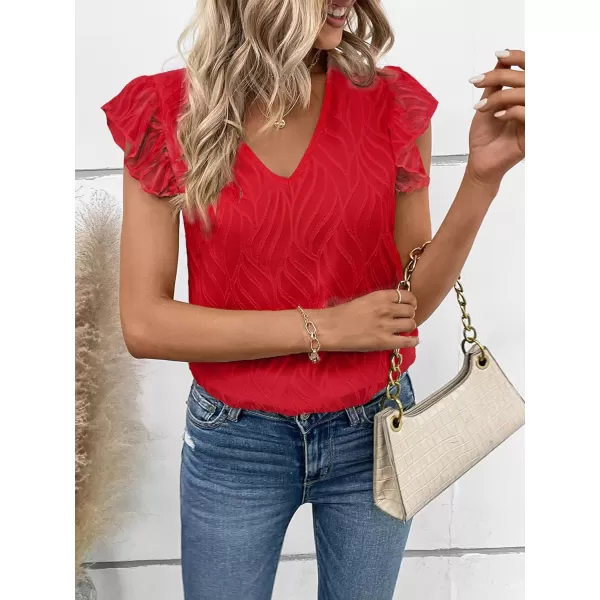 WDIRARA Women's V Neck Ruffle Cap Sleeve Blouse Casual Tops Summer Shirt