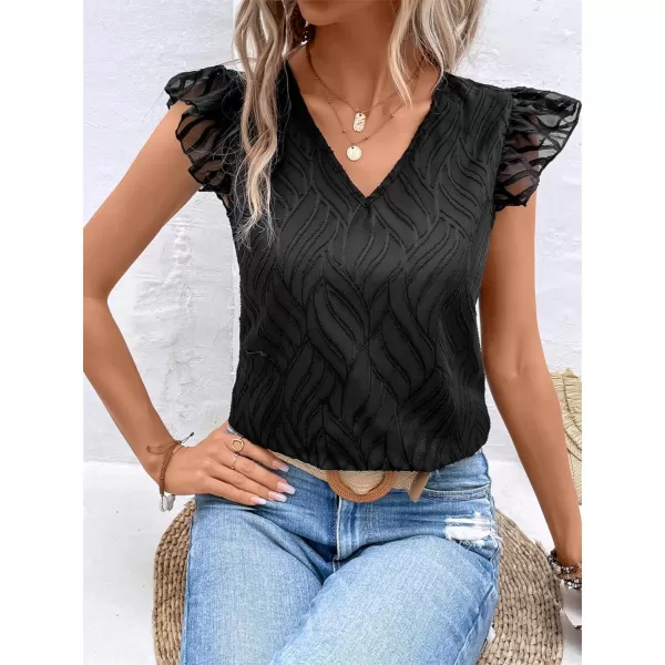 WDIRARA Women's V Neck Ruffle Cap Sleeve Blouse Casual Tops Summer Shirt