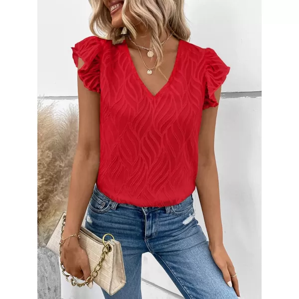 WDIRARA Women's V Neck Ruffle Cap Sleeve Blouse Casual Tops Summer Shirt