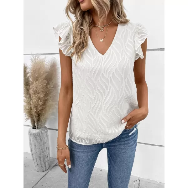 WDIRARA Women's V Neck Ruffle Cap Sleeve Blouse Casual Tops Summer Shirt