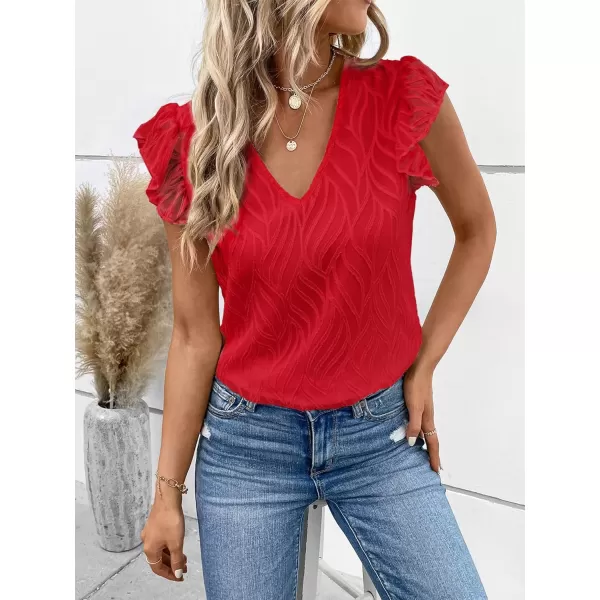 WDIRARA Women's V Neck Ruffle Cap Sleeve Blouse Casual Tops Summer Shirt