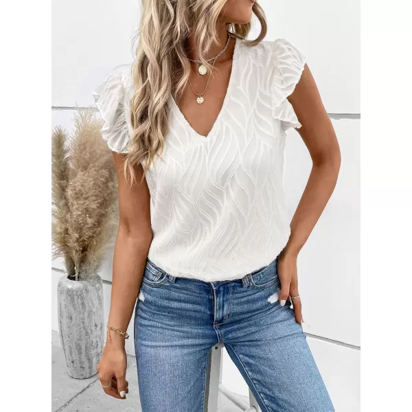 WDIRARA Women's V Neck Ruffle Cap Sleeve Blouse Casual Tops Summer Shirt