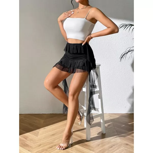WDIRARA Women's Wrap Asymmetrical Mini Skort Stretch Mesh Ruffle Trim Y2K Draped Side Bodycon Short Skirts