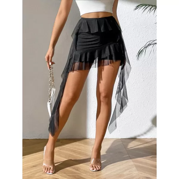 WDIRARA Women's Wrap Asymmetrical Mini Skort Stretch Mesh Ruffle Trim Y2K Draped Side Bodycon Short Skirts