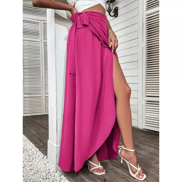 WDIRARA Women's Wrap Side Tie High Rise Split Solid Maxi Skirt Boho Long Skirt