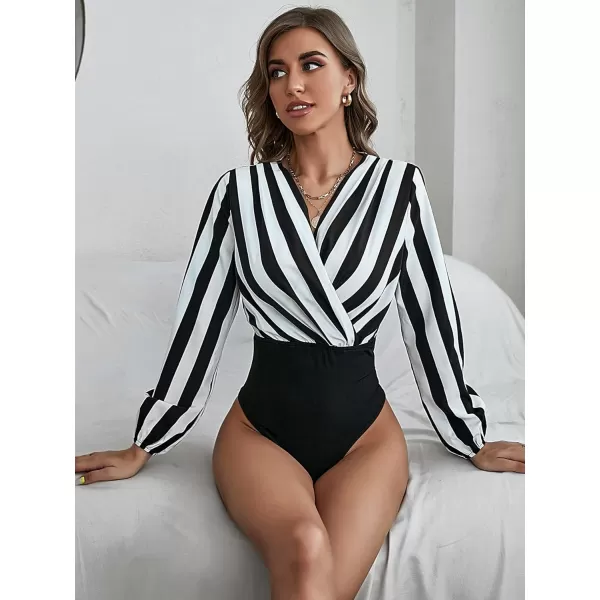WDIRARA Women's Wrap V Neck Blouses Striped Print Long Sleeve Bodysuit Shirt Tops