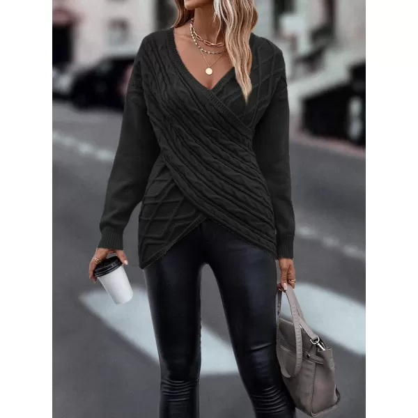 WDIRARA Women's Wrap V Neck Criss Cross Long Sleeve Asymmetrical Sweater Cable Knit Tops