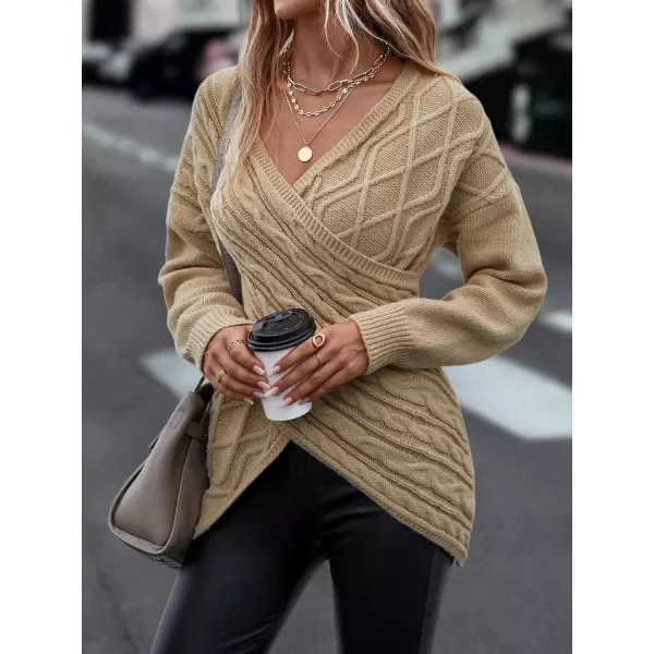 WDIRARA Women's Wrap V Neck Criss Cross Long Sleeve Asymmetrical Sweater Cable Knit Tops