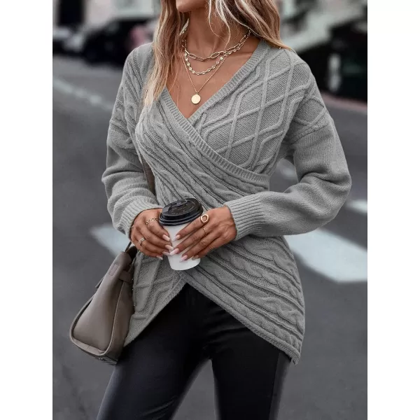 WDIRARA Women's Wrap V Neck Criss Cross Long Sleeve Asymmetrical Sweater Cable Knit Tops