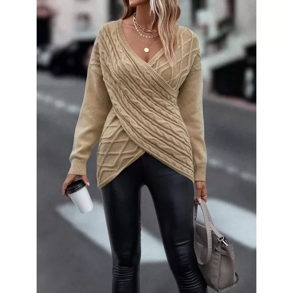 WDIRARA Women's Wrap V Neck Criss Cross Long Sleeve Asymmetrical Sweater Cable Knit Tops