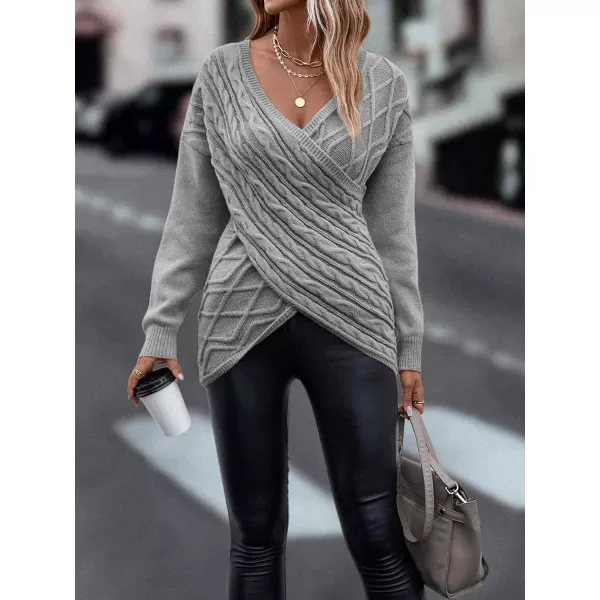 WDIRARA Women's Wrap V Neck Criss Cross Long Sleeve Asymmetrical Sweater Cable Knit Tops