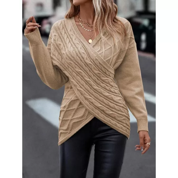 WDIRARA Women's Wrap V Neck Criss Cross Long Sleeve Asymmetrical Sweater Cable Knit Tops