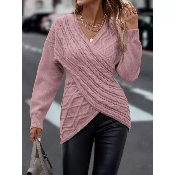 WDIRARA Women's Wrap V Neck Criss Cross Long Sleeve Asymmetrical Sweater Cable Knit Tops