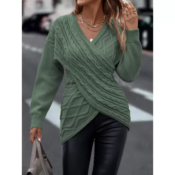 WDIRARA Women's Wrap V Neck Criss Cross Long Sleeve Asymmetrical Sweater Cable Knit Tops