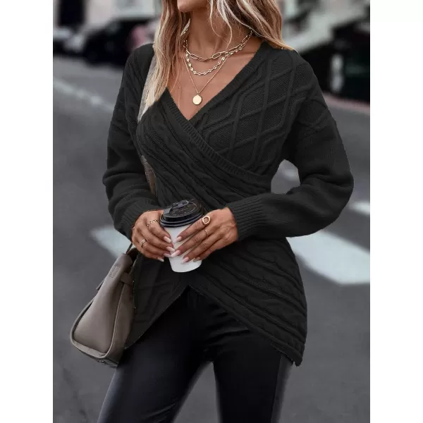 WDIRARA Women's Wrap V Neck Criss Cross Long Sleeve Asymmetrical Sweater Cable Knit Tops