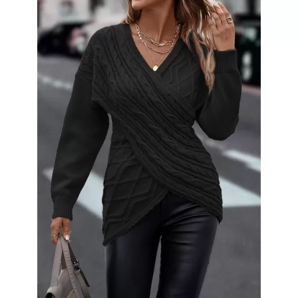 WDIRARA Women's Wrap V Neck Criss Cross Long Sleeve Asymmetrical Sweater Cable Knit Tops