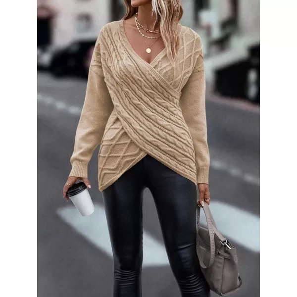 WDIRARA Women's Wrap V Neck Criss Cross Long Sleeve Asymmetrical Sweater Cable Knit Tops
