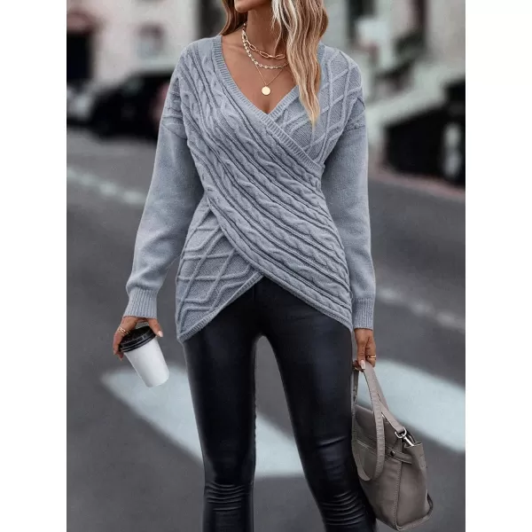 WDIRARA Women's Wrap V Neck Criss Cross Long Sleeve Asymmetrical Sweater Cable Knit Tops