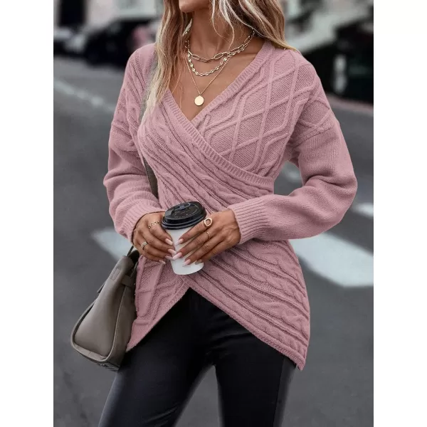 WDIRARA Women's Wrap V Neck Criss Cross Long Sleeve Asymmetrical Sweater Cable Knit Tops