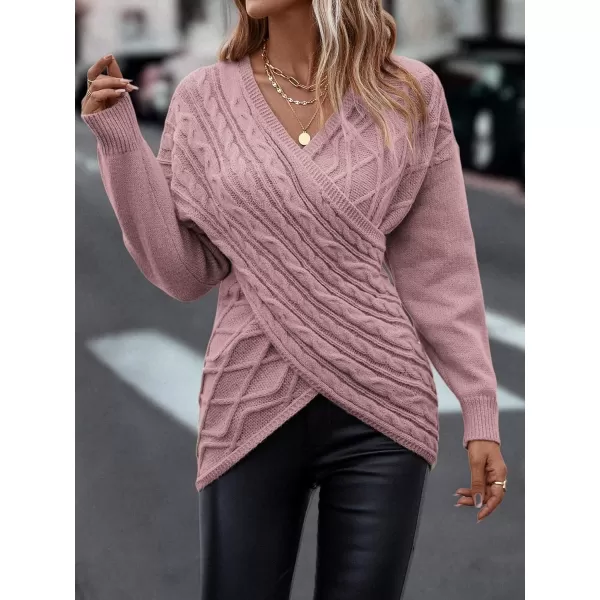 WDIRARA Women's Wrap V Neck Criss Cross Long Sleeve Asymmetrical Sweater Cable Knit Tops