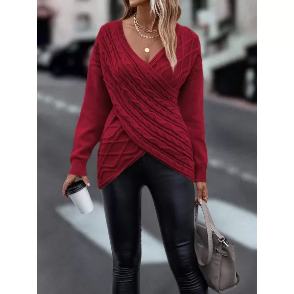 WDIRARA Women's Wrap V Neck Criss Cross Long Sleeve Asymmetrical Sweater Cable Knit Tops