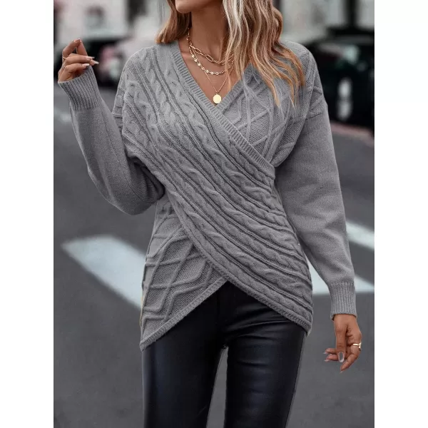 WDIRARA Women's Wrap V Neck Criss Cross Long Sleeve Asymmetrical Sweater Cable Knit Tops