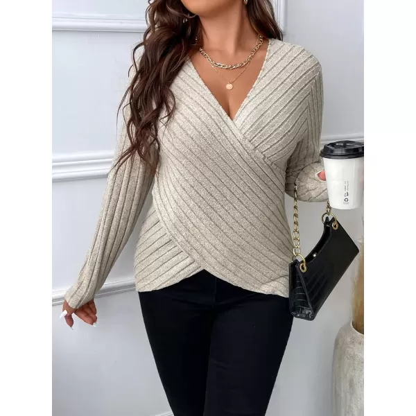 WDIRARA Women's Wrap V Neck Criss Cross Long Sleeve Asymmetrical Sweater Cable Knit Tops
