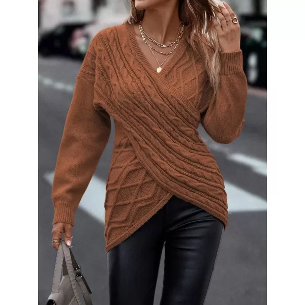 WDIRARA Women's Wrap V Neck Criss Cross Long Sleeve Asymmetrical Sweater Cable Knit Tops