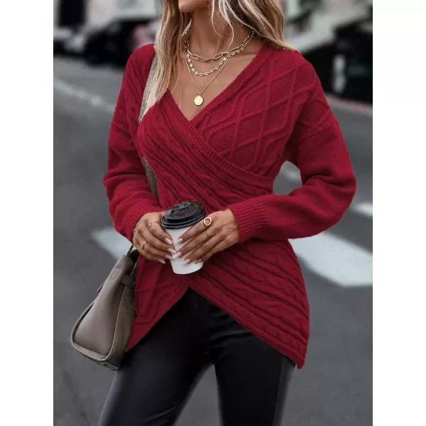 WDIRARA Women's Wrap V Neck Criss Cross Long Sleeve Asymmetrical Sweater Cable Knit Tops