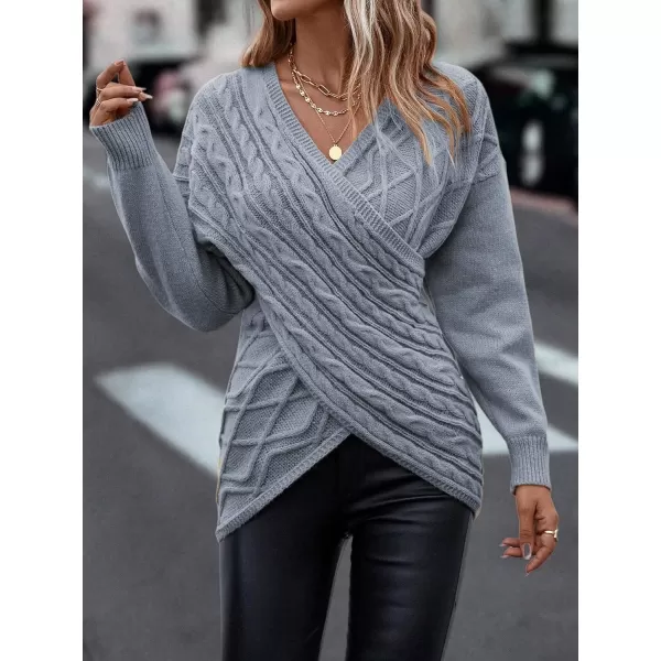WDIRARA Women's Wrap V Neck Criss Cross Long Sleeve Asymmetrical Sweater Cable Knit Tops